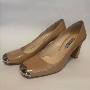 Prada Women's Nude Patent Leather Heels with Metallic Tips